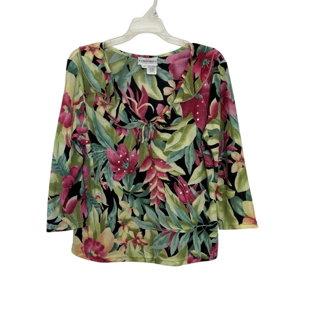 Y2K Tropical Floral Sequin Beaded Top L Resort Wear Dopamine Dressing Vivid